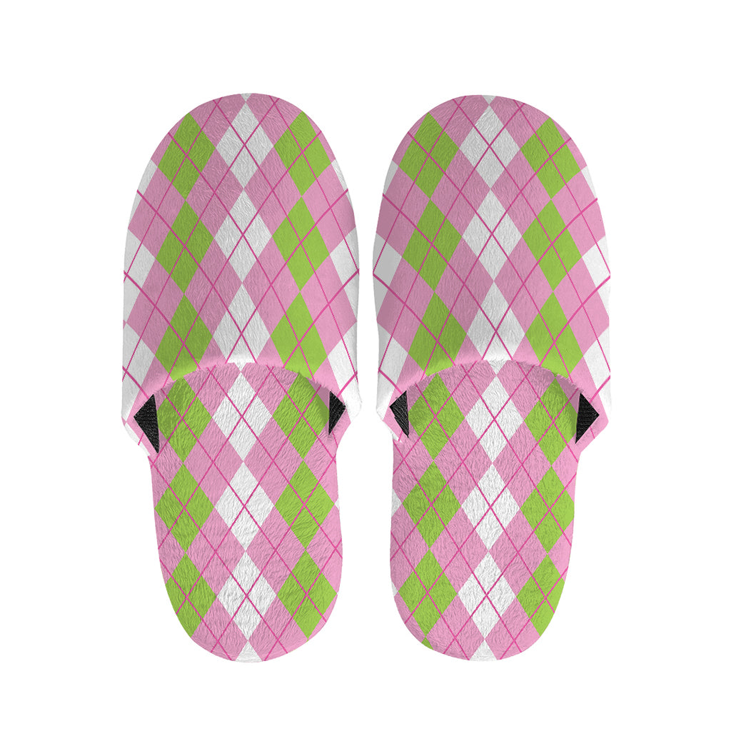 White Pink And Green Argyle Print Slippers