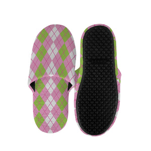 White Pink And Green Argyle Print Slippers