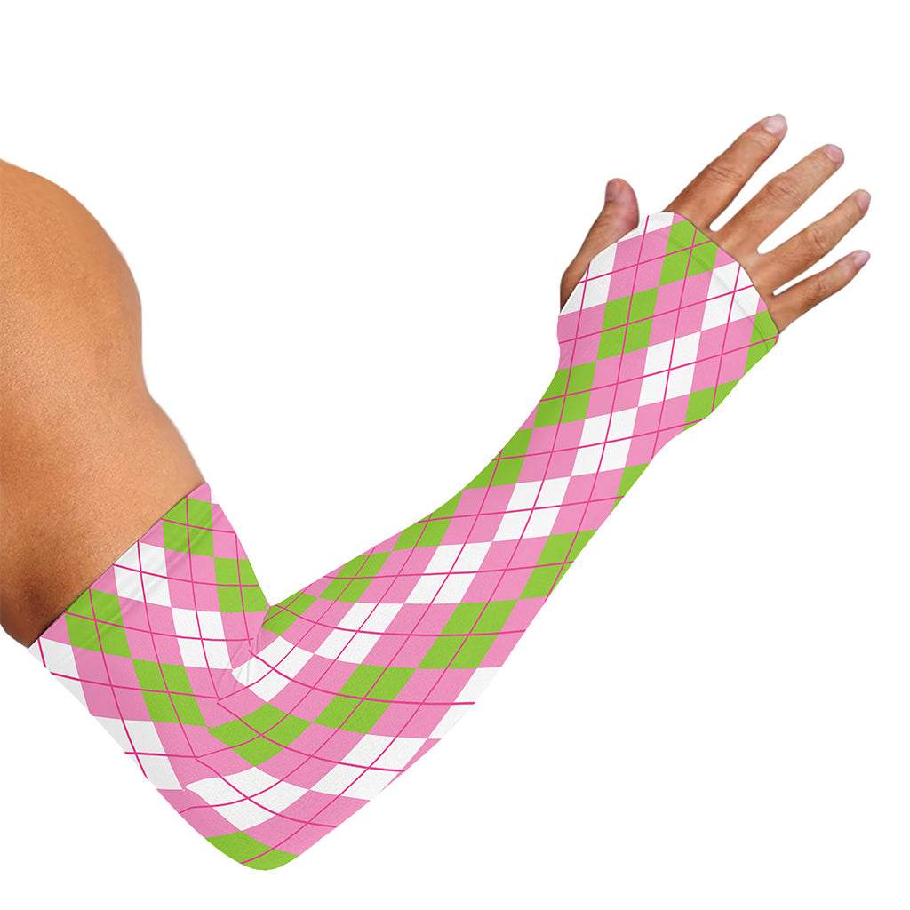White Pink And Green Argyle Print Sun Protection Arm Sleeves