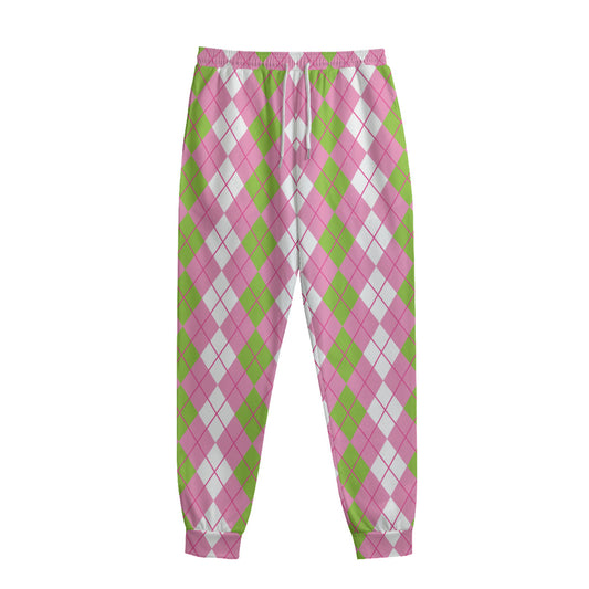 White Pink And Green Argyle Print Sweatpants