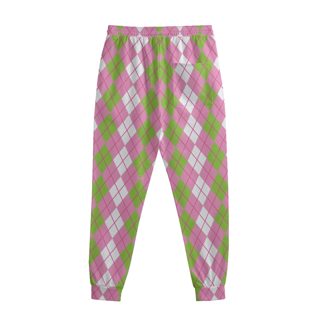 White Pink And Green Argyle Print Sweatpants