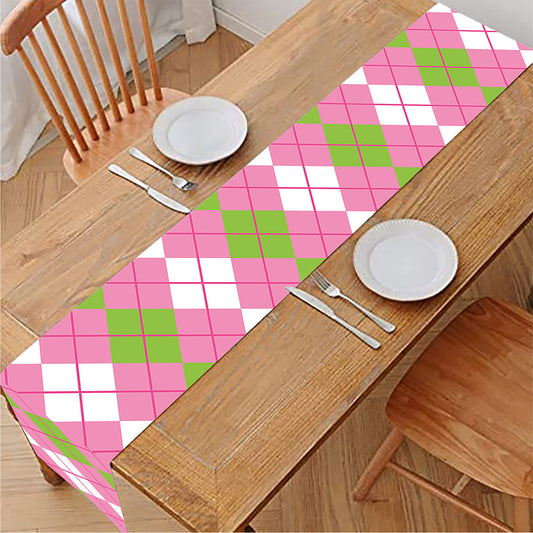 White Pink And Green Argyle Print Table Runner
