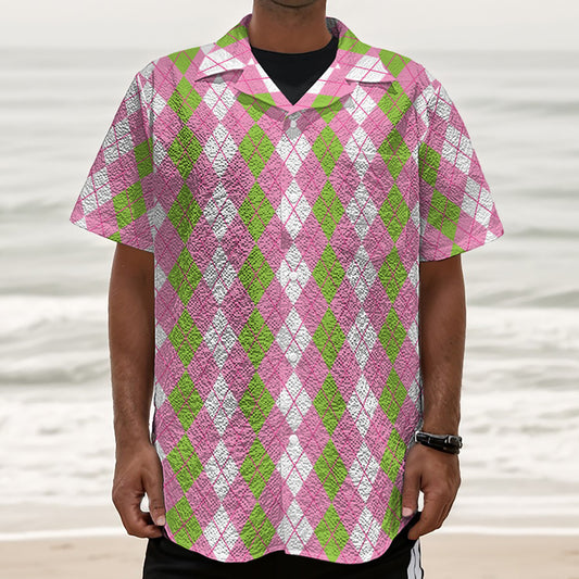 White Pink And Green Argyle Print Textured Short Sleeve Shirt