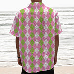 White Pink And Green Argyle Print Textured Short Sleeve Shirt