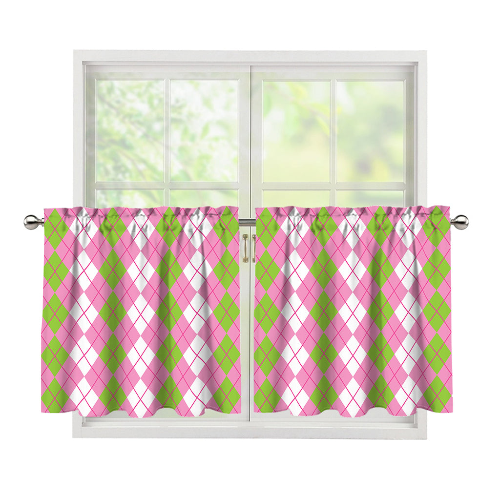 White Pink And Green Argyle Print Tier Curtains