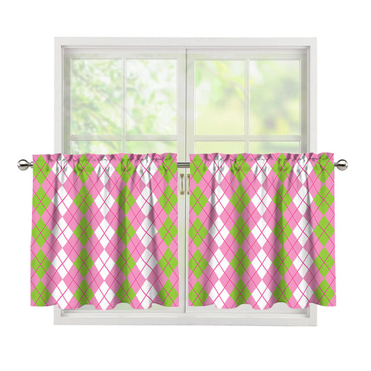 White Pink And Green Argyle Print Tier Curtains