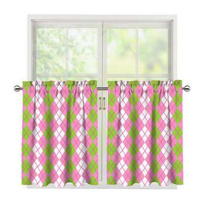 White Pink And Green Argyle Print Tier Curtains