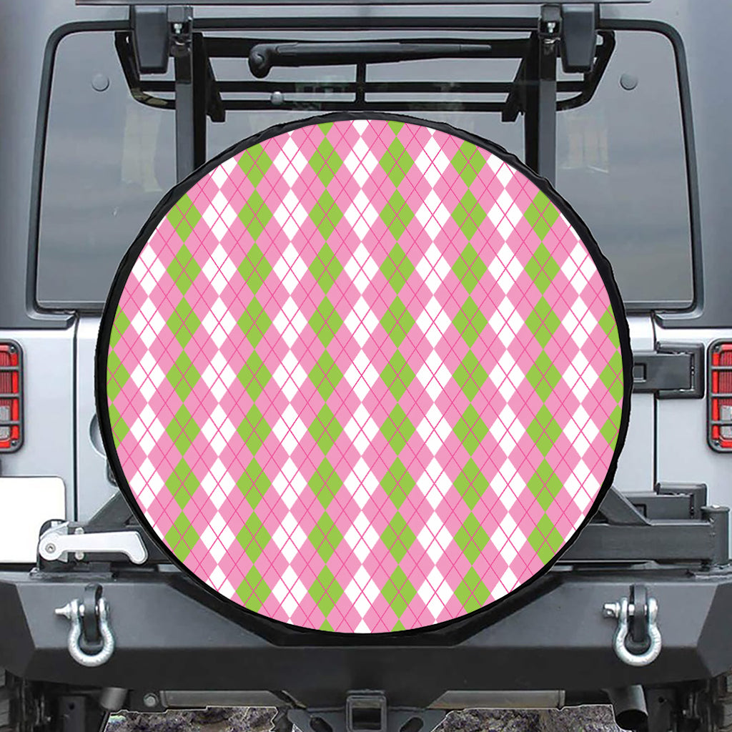 White Pink And Green Argyle Print Tire Cover