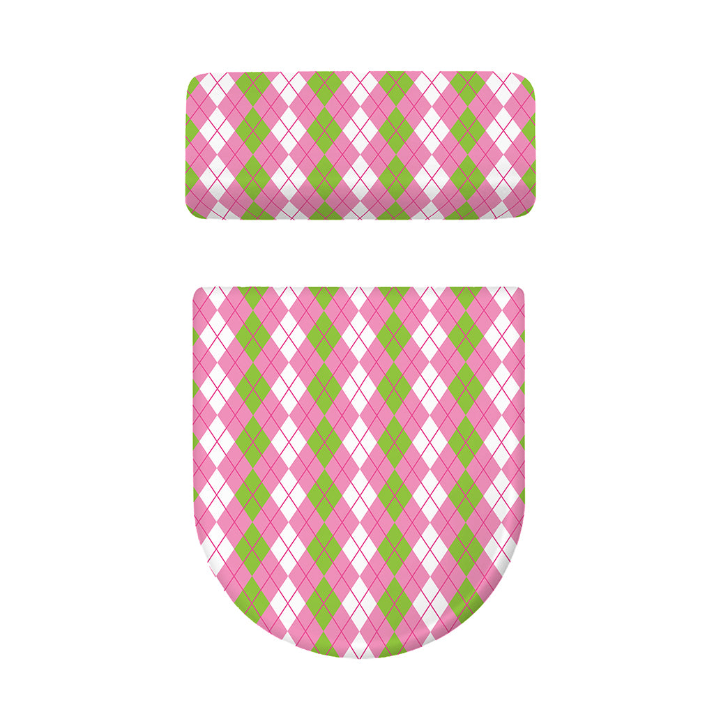 White Pink And Green Argyle Print Toilet Lid And Tank Cover Set