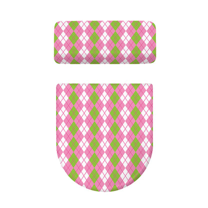 White Pink And Green Argyle Print Toilet Lid And Tank Cover Set