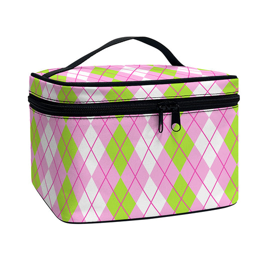 White Pink And Green Argyle Print Travel Makeup Bag