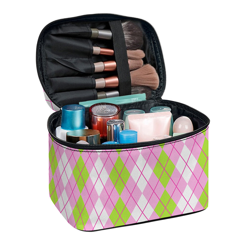 White Pink And Green Argyle Print Travel Makeup Bag
