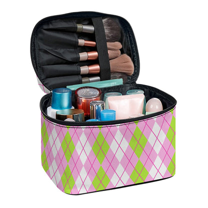 White Pink And Green Argyle Print Travel Makeup Bag