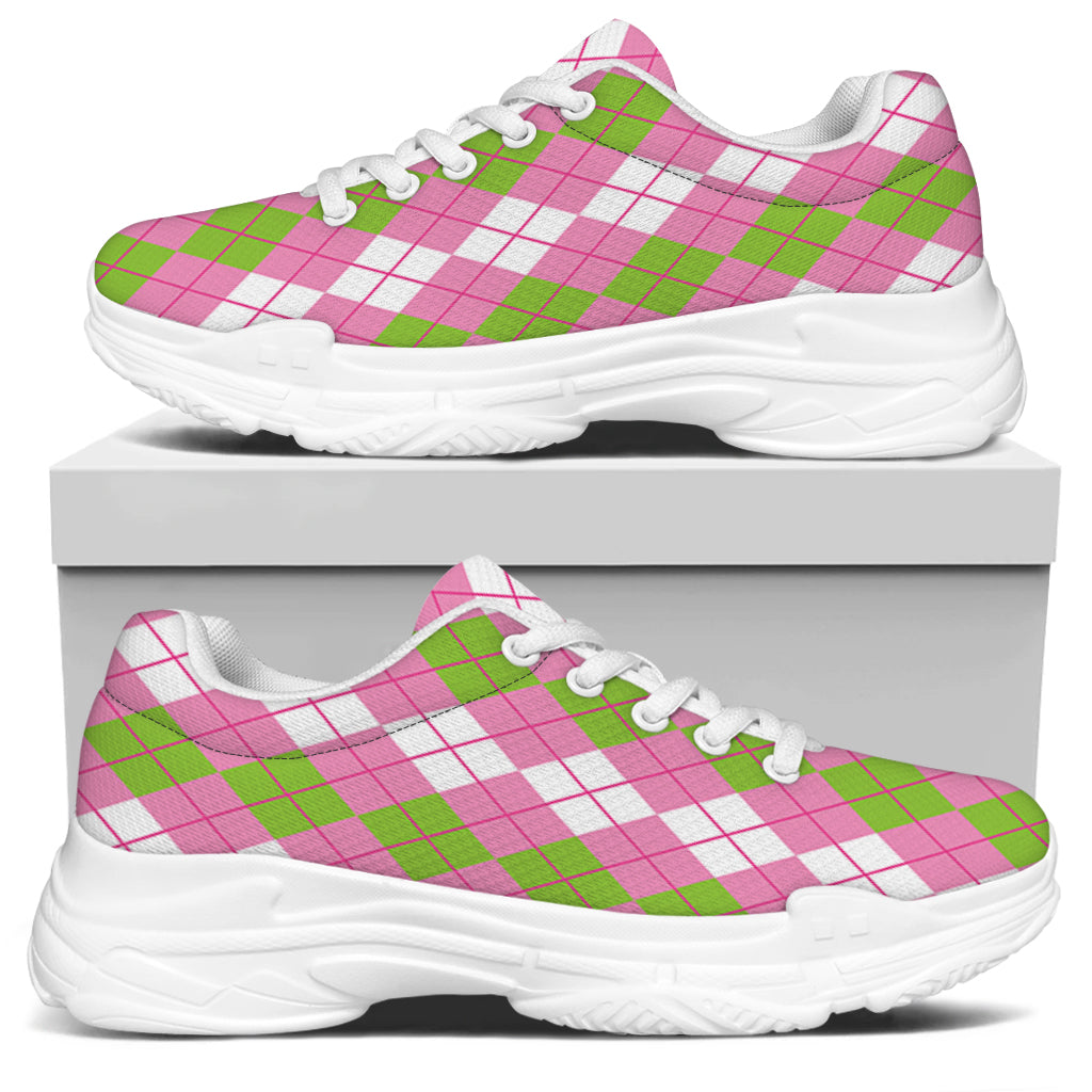 White Pink And Green Argyle Print White Chunky Shoes
