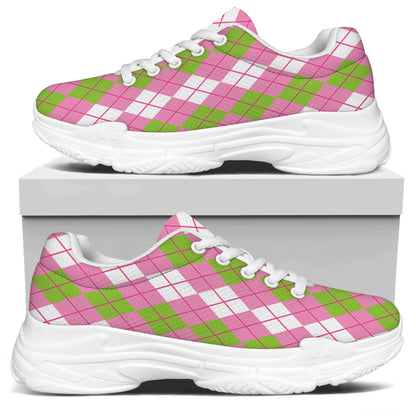 White Pink And Green Argyle Print White Chunky Shoes