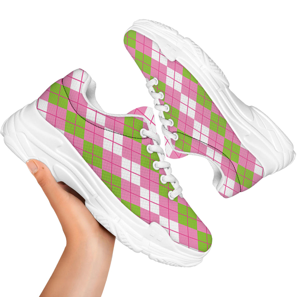 White Pink And Green Argyle Print White Chunky Shoes