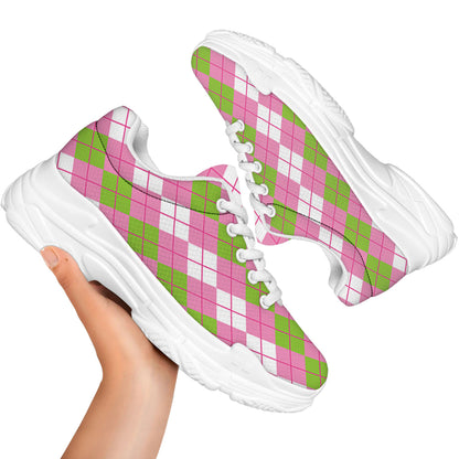 White Pink And Green Argyle Print White Chunky Shoes