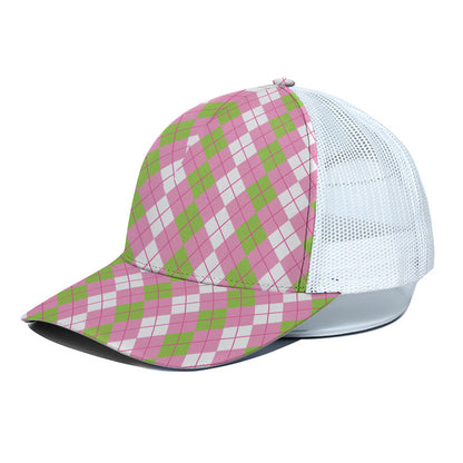White Pink And Green Argyle Print White Mesh Trucker Cap