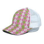 White Pink And Green Argyle Print White Mesh Trucker Cap