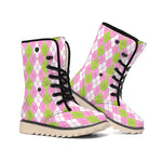 White Pink And Green Argyle Print Winter Boots