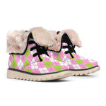 White Pink And Green Argyle Print Winter Boots