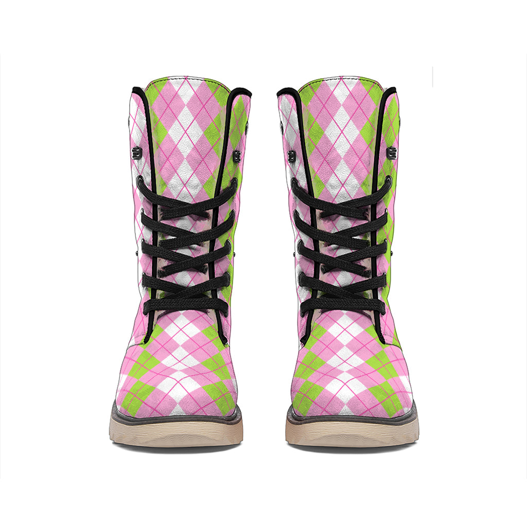 White Pink And Green Argyle Print Winter Boots