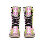 White Pink And Green Argyle Print Winter Boots