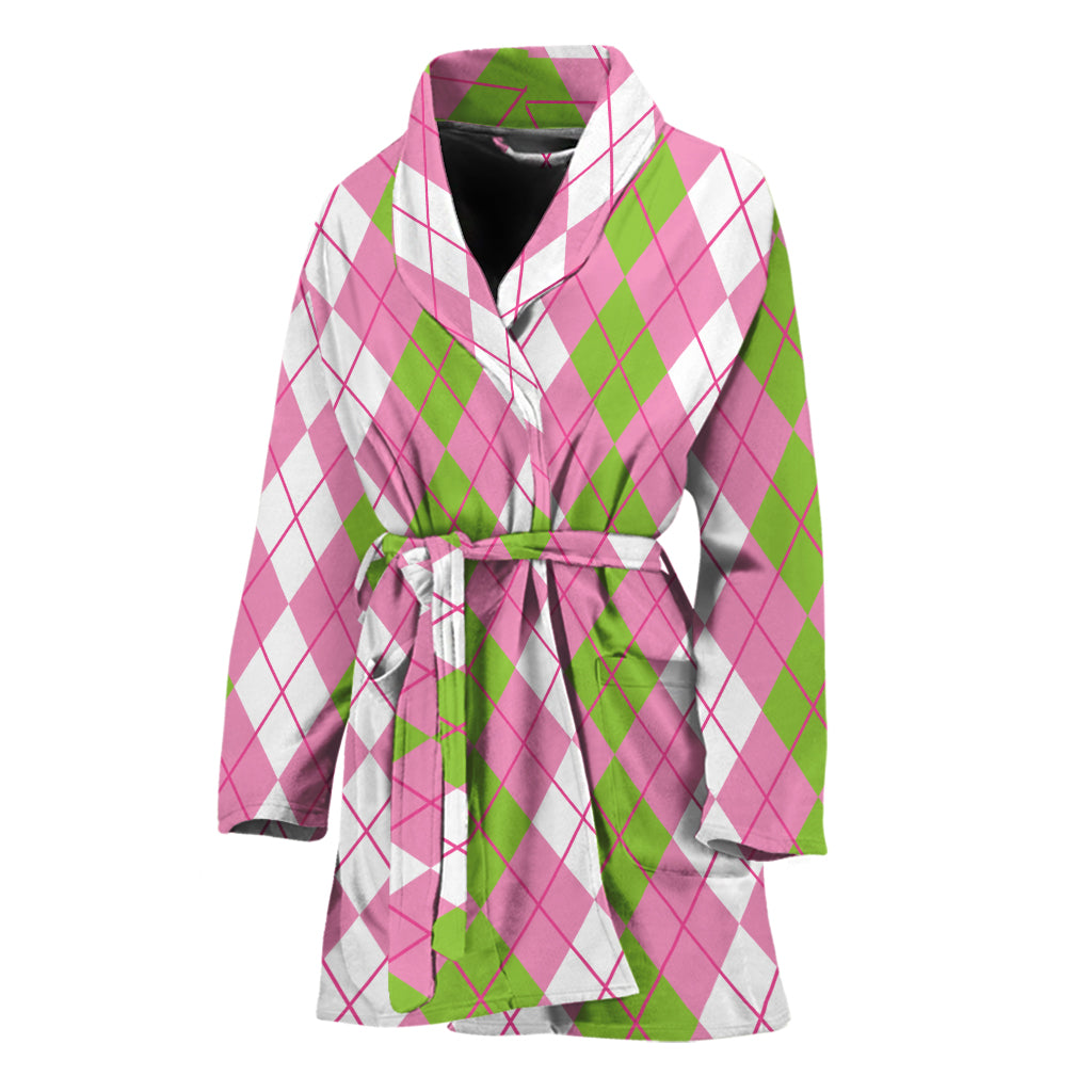 White Pink And Green Argyle Print Women's Bathrobe
