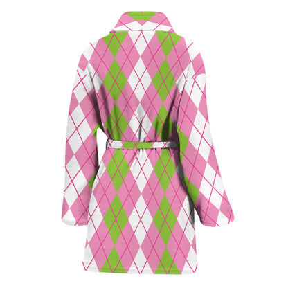 White Pink And Green Argyle Print Women's Bathrobe