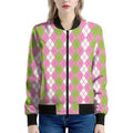 White Pink And Green Argyle Print Women's Bomber Jacket