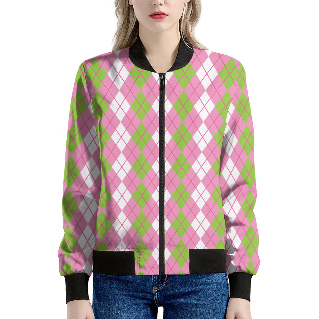 White Pink And Green Argyle Print Women's Bomber Jacket