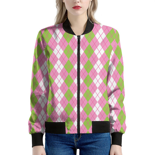White Pink And Green Argyle Print Women's Bomber Jacket