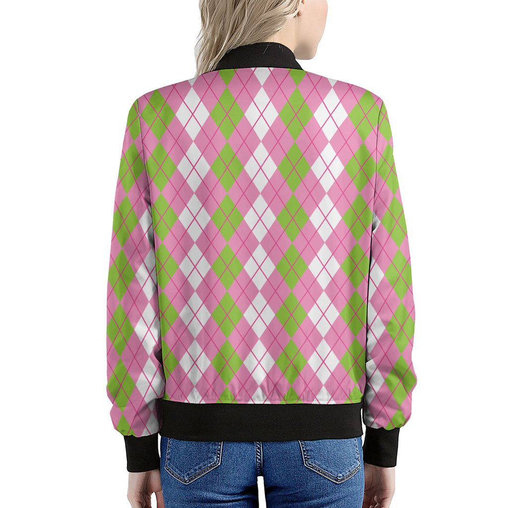 White Pink And Green Argyle Print Women's Bomber Jacket