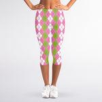 White Pink And Green Argyle Print Women's Capri Leggings