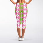 White Pink And Green Argyle Print Women's Capri Leggings