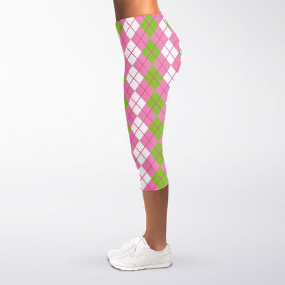White Pink And Green Argyle Print Women's Capri Leggings