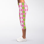 White Pink And Green Argyle Print Women's Capri Leggings