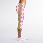 White Pink And Green Argyle Print Women's Capri Leggings