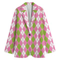 White Pink And Green Argyle Print Women's Cotton Blazer