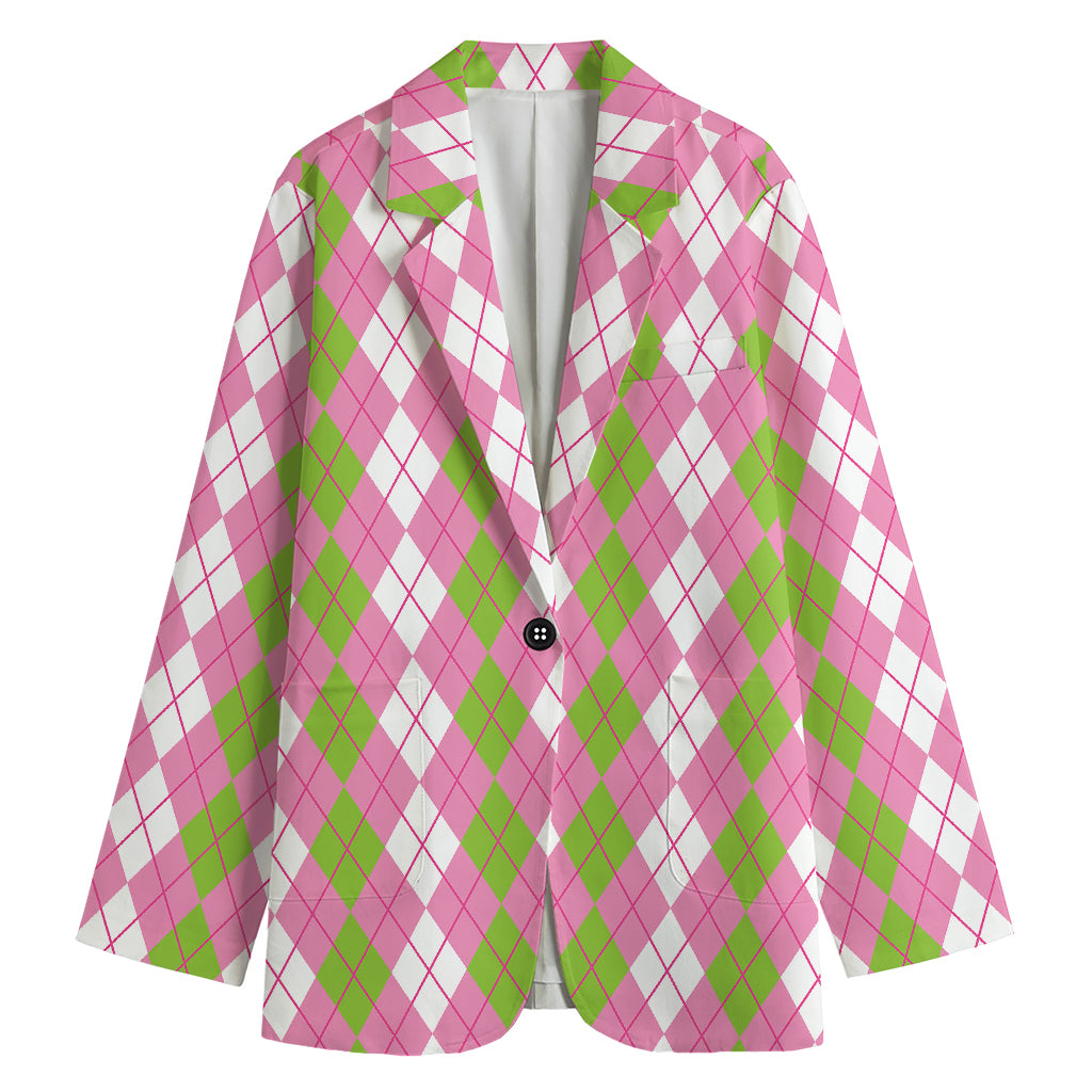 White Pink And Green Argyle Print Women's Cotton Blazer
