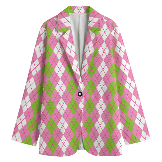White Pink And Green Argyle Print Women's Cotton Blazer