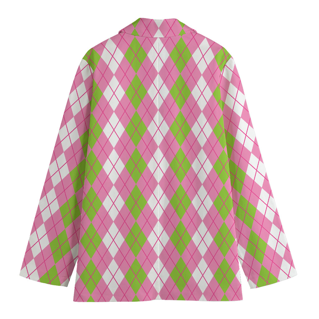 White Pink And Green Argyle Print Women's Cotton Blazer