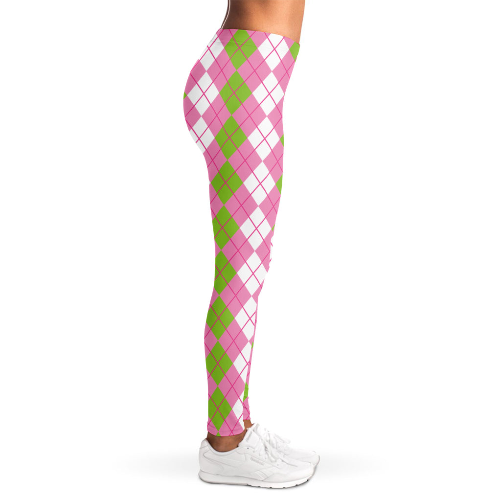 White Pink And Green Argyle Print Women's Leggings
