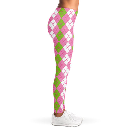 White Pink And Green Argyle Print Women's Leggings