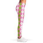White Pink And Green Argyle Print Women's Leggings