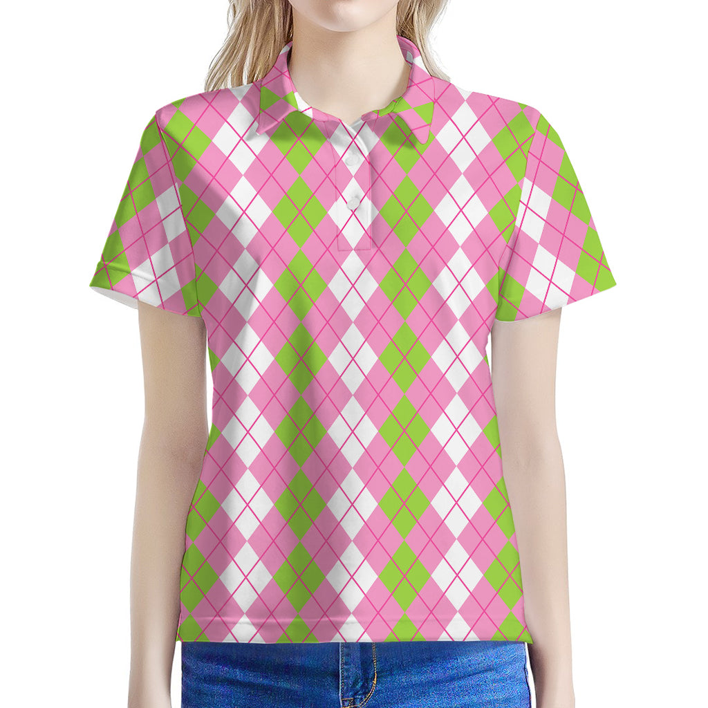 White Pink And Green Argyle Print Women's Polo Shirt