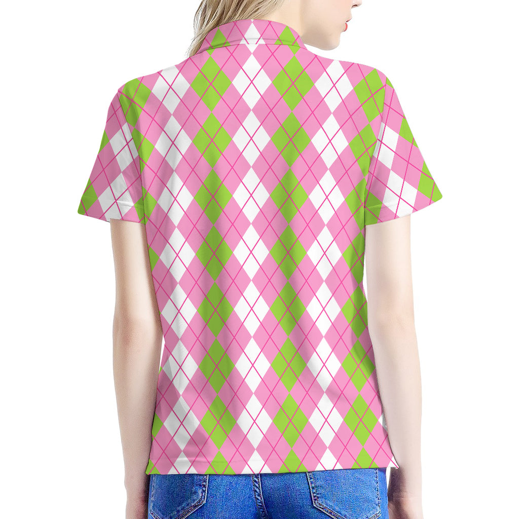 White Pink And Green Argyle Print Women's Polo Shirt