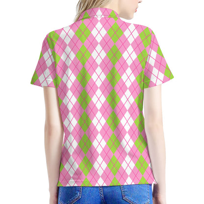 White Pink And Green Argyle Print Women's Polo Shirt