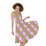 White Pink And Green Argyle Print Women's Sleeveless Dress