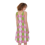 White Pink And Green Argyle Print Women's Sleeveless Dress